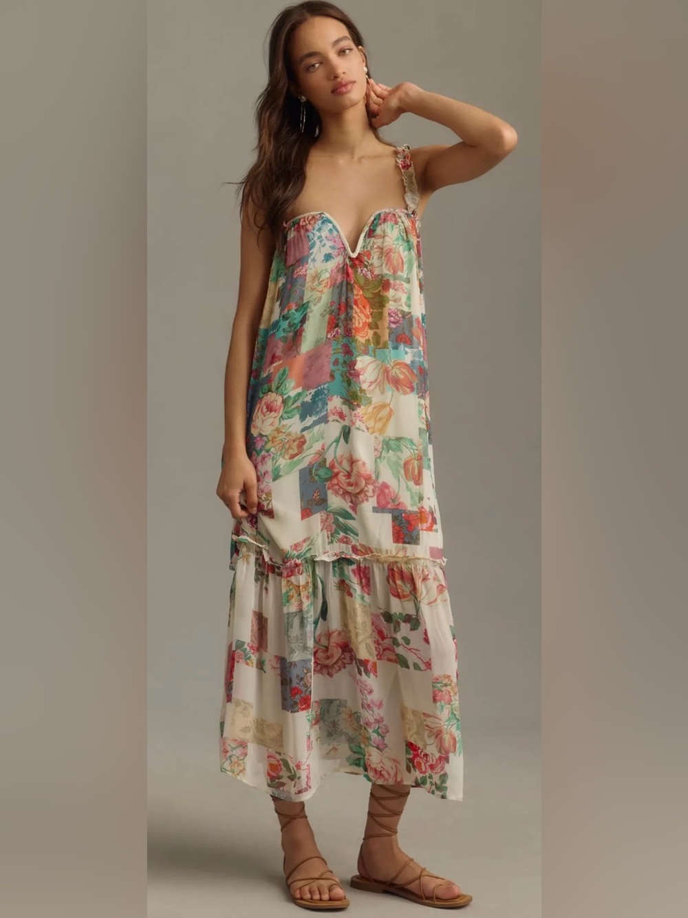 Anthropologie Chiffon Shift Midi Dress Floral Patchwork XXS Boho Cottagecore